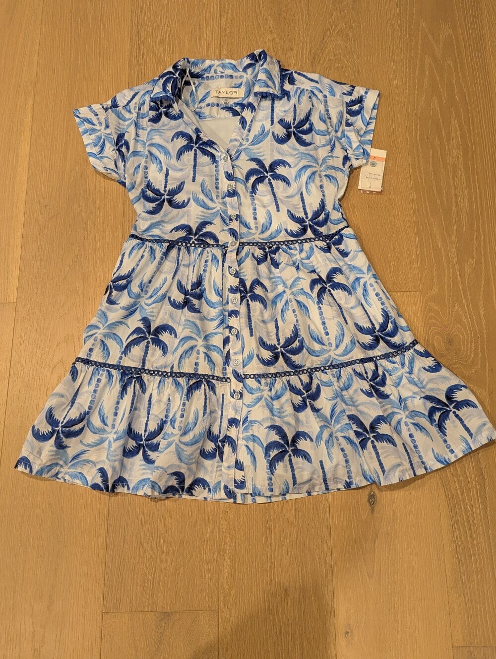 Taylor Blue Palm-Print Button-Front Dress